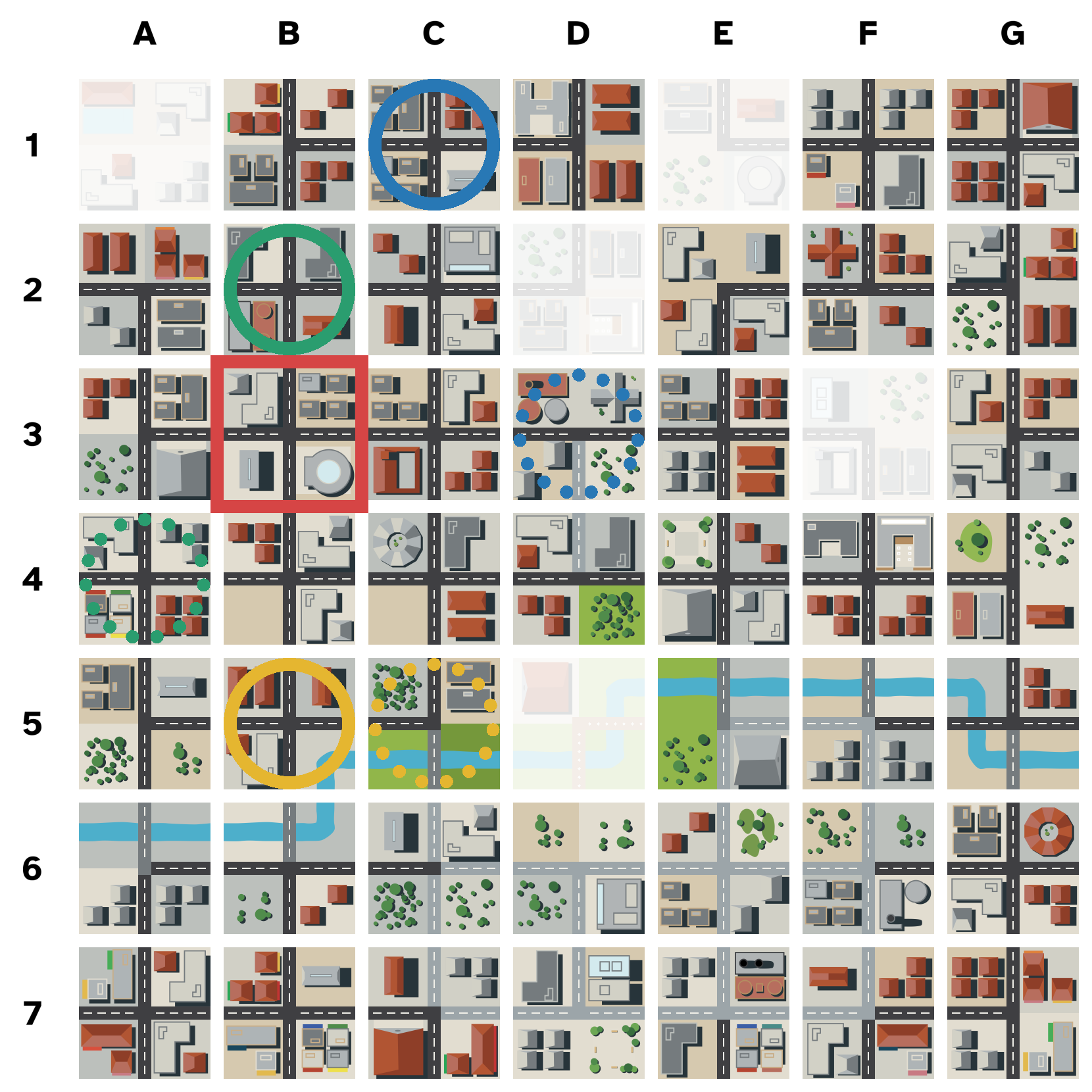 Illustrated map for The confidential envelope. Crime and starting markers are shown; no solution route is displayed.